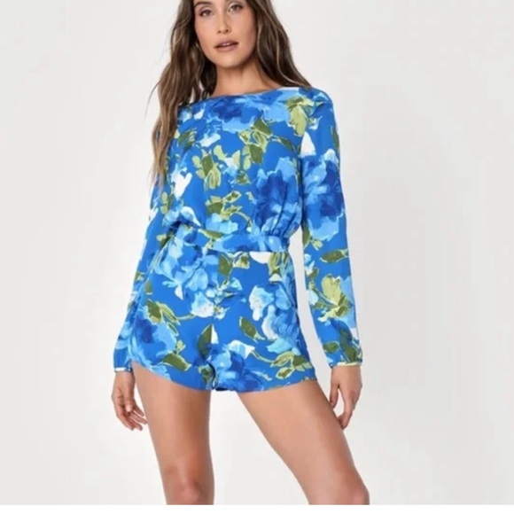 Lulus blue floral open back long sleeve romper - Picture 1 of 13